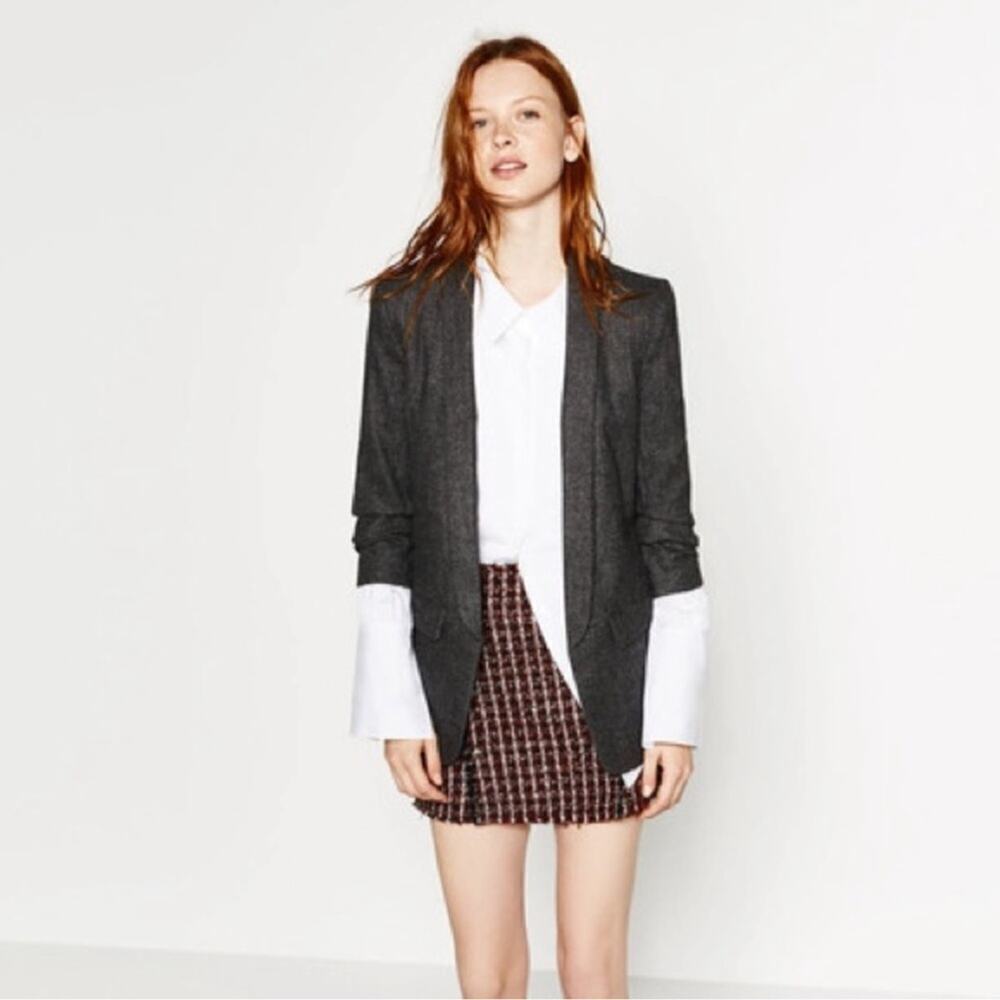 Zara Gathered Sleeve Gray Tuxedo Oversized Blazer Size Large Wool Blend